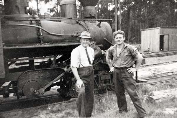 Photograph probably taken in 1948, at Collins Siding near Erica (Source: FCRPA) : FCV-owned Climax Locomotive - Builders Number 1694. l to r - H Whitehead, Unknown